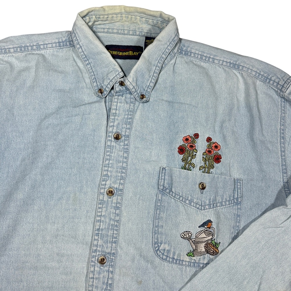 Vintage Cottage Core Denim Shirt Peregrine Bay XL Blue Embroidered Floral‎